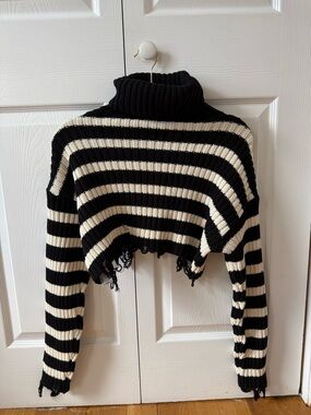 Zara Striped Black and White Cropped Turtleneck Sweater